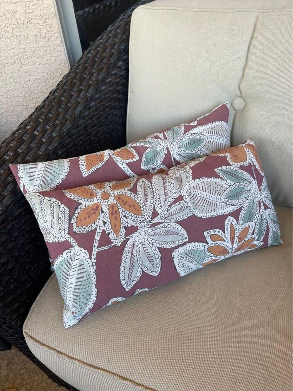 Set Of Two Outdoor Pillows. Muted Red,orange,blue Tropical Floral